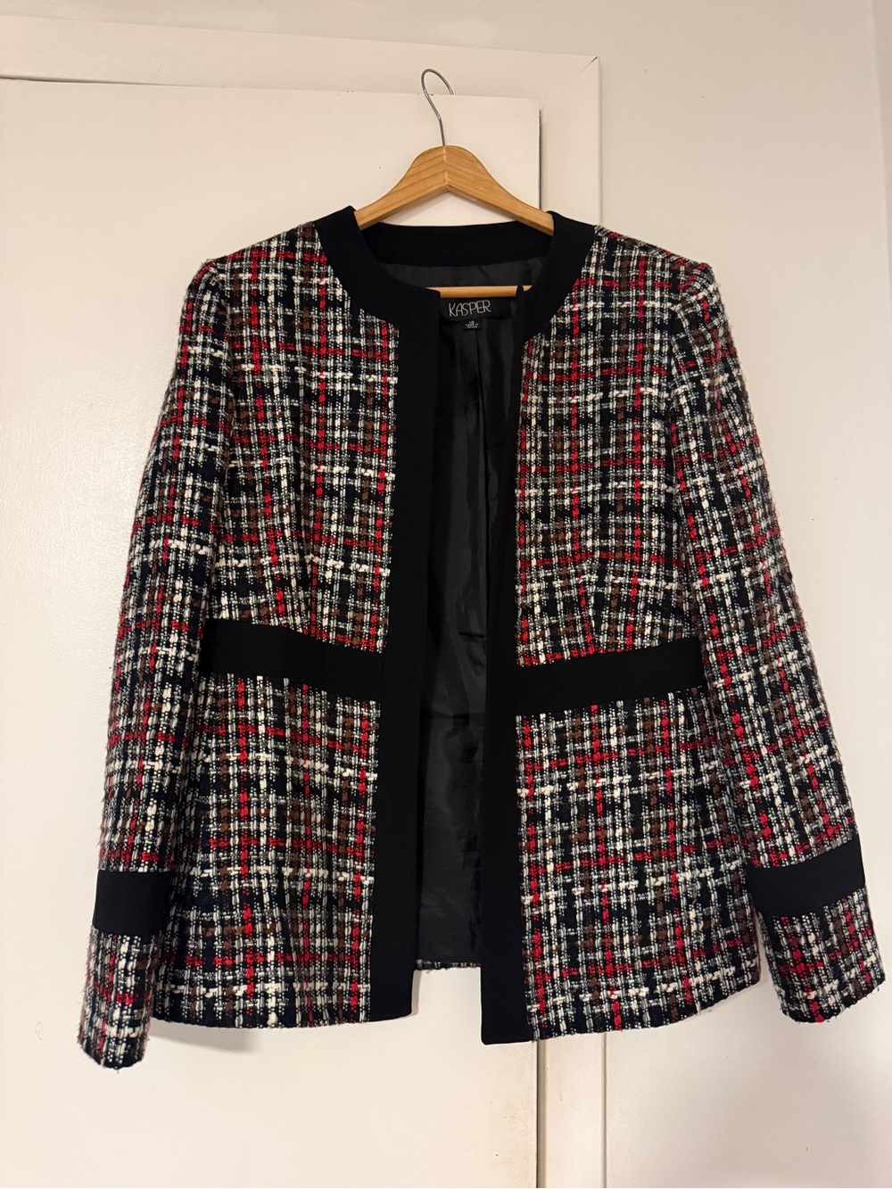 Kasper Red Black White Tweed Open-Front Blazer